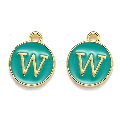 Golden Plated Alloy Enamel Charms, Enamelled Sequins, Flat Round with Alphabet, Letter.W, Green, 14x12x2mm, Hole: 1.5mm(ENAM-Q437-15W)