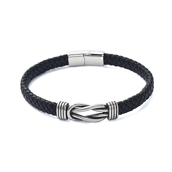 Men's Braided Black PU Leather Cord Bracelets, Knot 304 Stainless Steel Link Bracelets with Magnetic Clasps, Antique Silver, 8-1/4x3/8 inch(20.9x1.08cm)