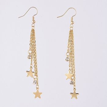 Tassel Dangle Earrings, with 304 Stainless Steel Star Charms & Cable Chains, Brass Rhinestone Charms & Real 18K Gold Plated Earring Hooks, 84mm, Pin: 0.7mm