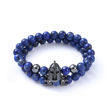 Natural Lapis Lazuli(Dyed) Stretch Beaded Bracelets Sets, with Non-Magnetic Synthetic Hematite Beads, Brass Micro Pave Cubic Zirconia Beads, Gladiator Helmet & Crown, Inner Diameter: 2-1/8 inch(5.5cm), 2pcs/set
