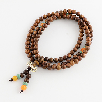 Dual-use Items, Wrap Style Buddhist Jewelry Bulinga Keva Wood Round Bead Bracelets or Necklaces, Saddle Brown, 600mm, 108pcs/bracelet