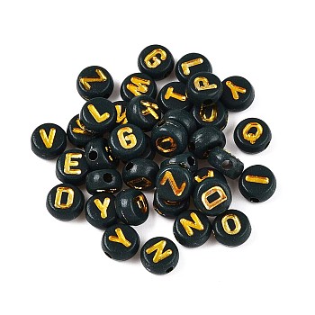 Plating Acrylic Beads, with Metal Enlaced, Flat Round with Letter, Teal, 7x4mm, Hole: 1.6mm, about 3330pcs/500g