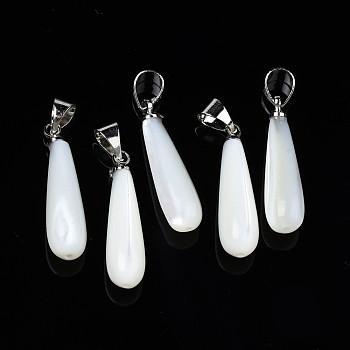 Natural Trochid Shell/Trochus Pendants, with Platinum Plated Brass Snap on Bails, Teardrop, White, 23x6mm, Hole: 3.5x5mm
