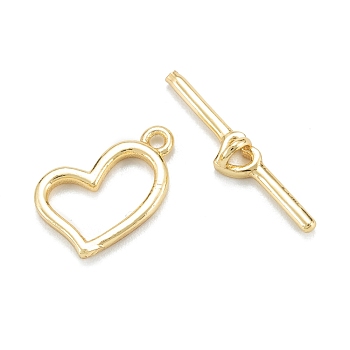 Brass Toggle Clasps, Long-Lasting Plated, Heart, Real 18K Gold Plated, Heart: 13.5x15x2mm, Hole: 1.4mm, Bar: 4x22x2mm, Hole: 1.4mm