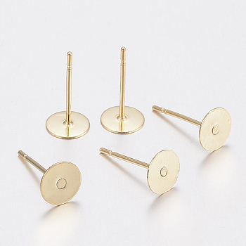 Accessoires de puces d'oreilles en 304 acier inoxydable, plat rond, véritable 24k plaqué or, 6x0.3mm, pin: 0.7 mm