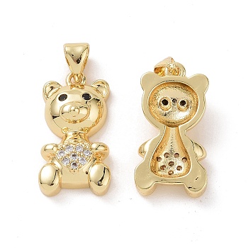 Brass Cubic Zirconia Pendants, Bear with Heart Charm, Real 18K Gold Plated, 20.5x10.5x5.5mm, Hole: 3.5x5mm