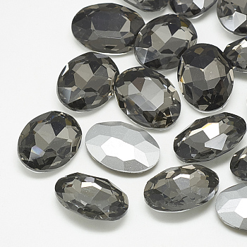 Pointed Back Glass Rhinestone Cabochons, Back Plated, Faceted, Oval, Black Diamond, 14x10x4.5mm