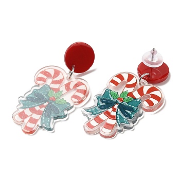 Christmas Acrylic Dangle Stud Earrings with 304 Stainless Steel Pin for Women, Candy Cane, 54x28mm