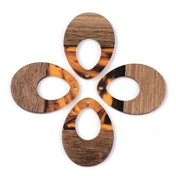 Resin & Walnut Wood Pendants, Teardrop, Orange, 37.5x28x3mm, Hole: 2mm