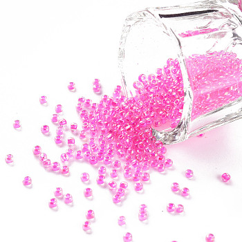 11/0 Grade A Round Glass Seed Beads, Transparent Inside Colours, AB Color Plated, Hot Pink, 2.3x1.5mm, Hole: 1mm, about 48500pcs/pound