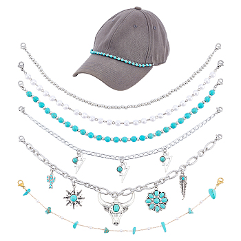 6Pcs 6 Styles Plastic Pearl & Synthetic Turquoise Beads Baseball Cap Chain Sets, with 304 Stainless Steel Lobster Claw Clasps, Mixed Color, 250~260mm, 1pc/style