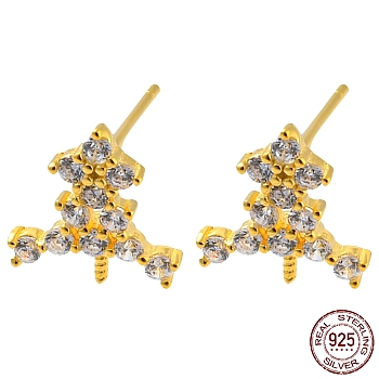 Tree 925 Sterling Silver Micro Pave Clear Cubic Zirconia Stud Earring Findings, for Half Drilled Beads, with S925 Stamp, Real 18K Gold Plated, 10x9mm, Pin: 10x0.7mm and 0.7mm