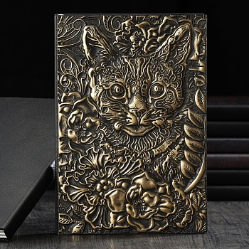 3D Embossed PU Leather Notebook, A5 Cat & Flower Pattern Journal, for School Office Supplies, Antique Bronze, 215x145mm