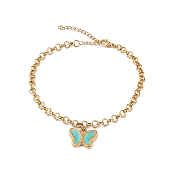 Enamel Butterfly Charm Bracelet with Rolo Chains, Ion Plating(IP) 304 Stainless Steel for Women, Golden, 8-7/8 inch(22.5cm)