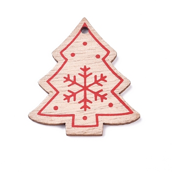 Poplar Wood Pendants, Christmas Tree with Snowflake, for Christmas, Dyed, BurlyWood, 49.5x42x2.5mm, Hole: 3mm