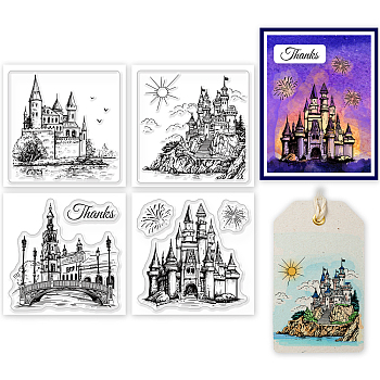 4Pcs 4 Styles PVC Stamp, for DIY Scrapbooking, Castle, 55x55mm, 1pc/style
