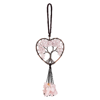Wire Wrapped Chips Natural Rose Quartz Big Pendant Decorations, with Red Copper Plated Brass Wires and Nylon Cord, Heart with Tree of Life, 160mm, 1pc