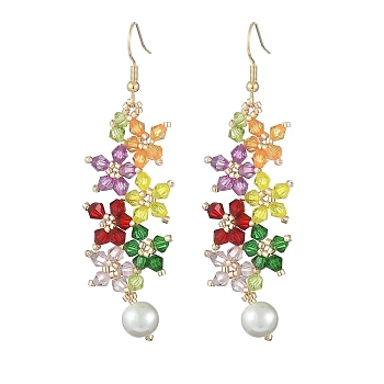 Acrylic Beaded Flower with Imitation Pearl Dangle Earrings, Golden 304 Stainless Steel Wire Wrap Jewelry for Women, Colorful, 72mm, Pin: 0.7mm
