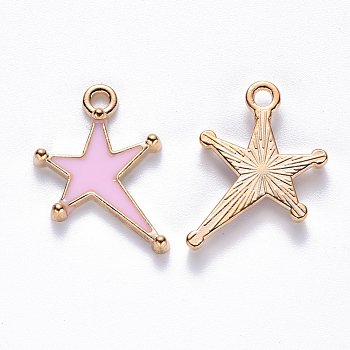 Alloy Enamel Pendants, Star, Light Gold, Pink, 21x15x2mm, Hole: 2mm