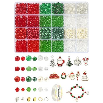 DIY Christmas Bracelet Making Kit, Including Glass & Imitation Pearl Acrylic Beads, Alloy Enamel Pendants, Candy Cane & Tree & Santa Claus & Reindeer, Mixed Color