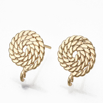 Brass Stud Earring Findings, with Loop, Flat Round, Real 18K Gold Plated, 14.5x11.5mm, Hole: 1.4mm, Pin: 0.7mm