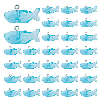 30Pcs Transparent Resin Pendants, Whale Charms with Platinum Plated Iron Loops, Sky Blue, 13x27x12mm, Hole: 2mm