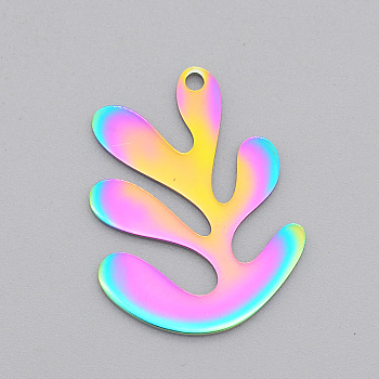 Ion Plating(IP) 201 Stainless Steel Pendants, Laser Cut, Leaf, Rainbow Color, 25.5x20x1mm, Hole: 1.6mm