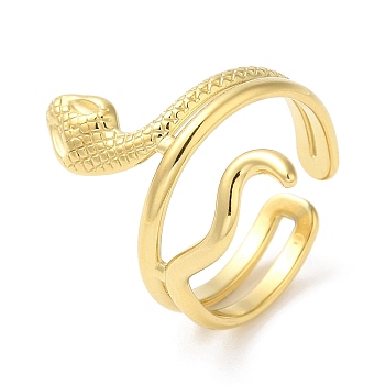 304 Stainless Steel Snake Open Cuff Ring for Women, Real 14K Gold Plated, Inner Diameter: 17mm