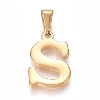304 Stainless Steel Pendants, Golden, Initial Letter.S, 20x13x1.8mm, Hole: 3x7mm