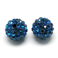 Pave Disco Ball Beads, Polymer Clay Rhinestone Beads, Grade A, Round, Capri Blue, PP14(2~2.1mm), 10mm, Hole: 1.0~1.2mm(RB-H258-10MM-243)