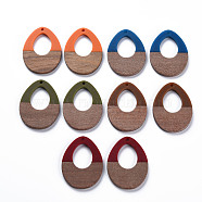 Opaque Resin & Walnut Wood Pendants, Two Tone, Teardrop, Mixed Color, 37x28.5x3mm, Hole: 2mm(RESI-T035-37)