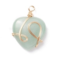 Natural Green Aventurine Pendants, with Golden Tone Copper Wire Wrapped, Heart, 40.5x30x8.5mm, Hole: 4.2mm(PALLOY-JF01490-02)