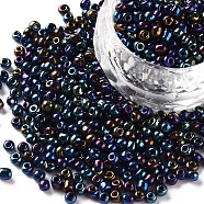 8/0 Glass Seed Beads, Metallic Colours, Round, Round Hole, Prussian Blue, 8/0, 3mm, Hole: 1mm, about 1111pcs/50g, 50g/bag, 18bags/2pounds(SEED-US0003-3mm-604)