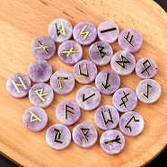 Tumbled Natural Lilac Jade with Carved Rune Words, Divination Stone, Flat Round, 16~19x6~7mm(PW-WG60219-10)