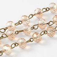 Handmade Electroplate Glass Faceted Rondelle Beads Chains for Necklaces Bracelets Making, with Antique Bronze Plated Brass Eye Pin, Unwelded, Dyed, Pale Goldenrod, 39.4 inch, about 80pcs/strand(AJEW-JB00145-05)