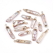 Electroplated Natural Keshi Pearl Pendants, Cultured Freshwater Pearl Baroque Pearl Charms, Rectangle, Golden, Plum, 16~32x5~12x3.5~6mm, Hole: 1.8mm(PEAR-S012-83)