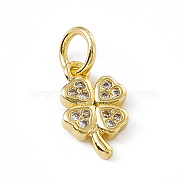 Brass Micro Pave Cubic Zirconia Charms, with Jump Ring, Clover Charm, Real 18K Gold Plated, 11x6.5x1.5mm, Hole: 3mm(ZIRC-F132-35G)