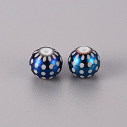 Electroplate Glass Beads, Round with Dots Pattern, Blue Plated, 10mm, Hole: 1.2mm(EGLA-Q123-004B)