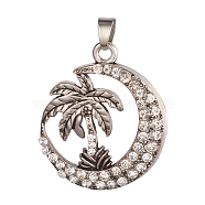 Tibetan Style Alloy Pendants, with Rhinestone, Flat Round with Coconut Tree, Crystal, Antique Silver, 36.2x31x4mm, Hole: 6x5mm(PALLOY-I160-01AS)