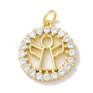 Rack Plating Brass Micro Pave Clear Cubic Zirconia Pendants, Long-Lasting Plated, Lead Free & Cadmium Free, Round with Angel, Real 18K Gold Plated, 18x16x2mm, Hole: 3.4mm(KK-Z039-12G)