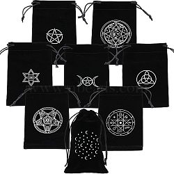 8Pcs 8 Styles Rectangle Black Velvet Craft Drawstring Bags, Tarot Cards Storage Pouches, for Playing Cards, Jewelry Storage, Star & Eye & Pentagon & Moon Phase, Mixed Patterns, 18x11.5x0.2cm, 1pc/style(ABAG-CA0001-14)