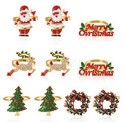 Mega Pet 10Pcs 5 Style Christmas Theme Alloy Enamel Napkin Rings, with Rhinestone, Christmas Tree & Reindeer & Wreath & Santa Claus & Word Merry Christmas, Mixed Color, 50x30~35mm, 2pcs/style(AJEW-MP0001-31)