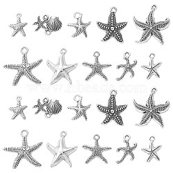 100Pcs 10 Styles Tibetan Style Alloy Pendants, Starfish Charms, Antique Silver, 16~25.5x12~24x2~3.5mm, Hole: 1~2mm, 10pcs/style(TIBEP-CJ0002-23)