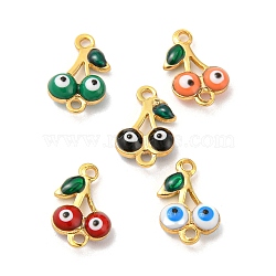 Rack Plating Brass Enamel Pendants, Long-Lasting Plated, Cadmium Free & Nickel Free, Cherry with Evil Eye, Mixed Color, 11x7x2mm, Hole: 1.2mm(KK-CJC0008-03G)