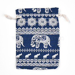 Elephant Printed Polycotton(Polyester Cotton) Packing Pouches Drawstring Bags, Rectangle, Marine Blue, 14x10cm(ABAG-T004-10x14-38)