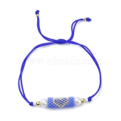 Glass Pearl & Seed Column with Heart Link Bracelet, Adjustable Bracelet for Women, Cornflower Blue, Inner Diameter: 3/8~3-1/4 inch(1~8.3cm)(BJEW-MZ00028-02)