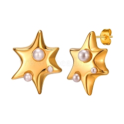 Stainless Steel Stud Earrings, with Imitation Pearl Beads, Star, Golden, 20.6x16.3mm(PW-WGE7894-01)