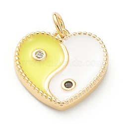 Brass Micro Pave Cubic Zirconia Pendants, with Enamel, Long-Lasting Plated, Real 18K Gold Plated, Heart with Yin Yang, Yellow, 15x15x2.5mm, Hole: 3mm(ZIRC-P200-13A-G)