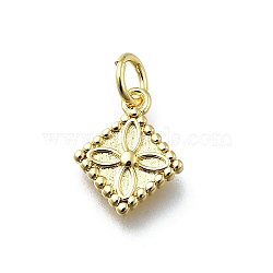 Brass Pendants, Rhombus with Flower Charms, Long-Lasting Plated, Lead Free & Cadmium Free, Rack Plating, with Jump Ring, Real 18K Gold Plated, 12x10x2mm, Hole: 3mm(KK-K400-10G)