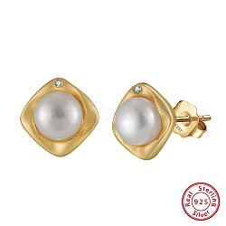 925 Sterling Silver Rhombus Stud Earrings, with Natural Pearl, with S925 Stamp, Real 14K Gold Plated, 10x10mm(EJEW-Z041-16G)